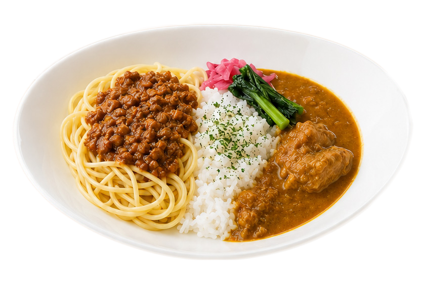チキンカレー&ミートソーススパのハーフ&ハーフ